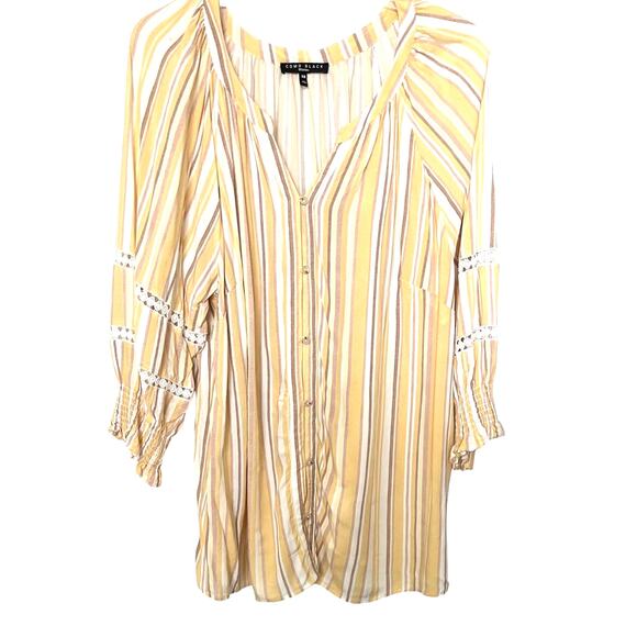 COMO BLACK WOMEN LONG SLV BUTTON V-NECK BLOUSE, WOMANS, 3X, YELLOW TAN STRIPES - Picture 1 of 11